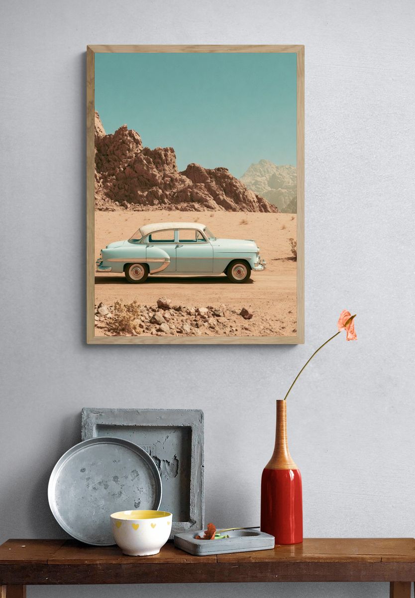 Vintage Car in Desert Poster. — room view 3