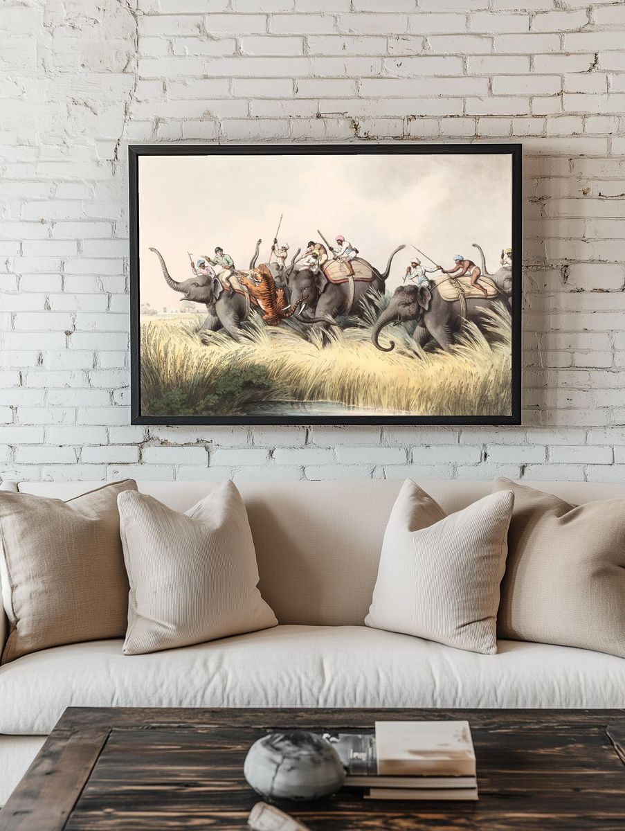 Elephant Hunt Vintage Illustration Poster room preview