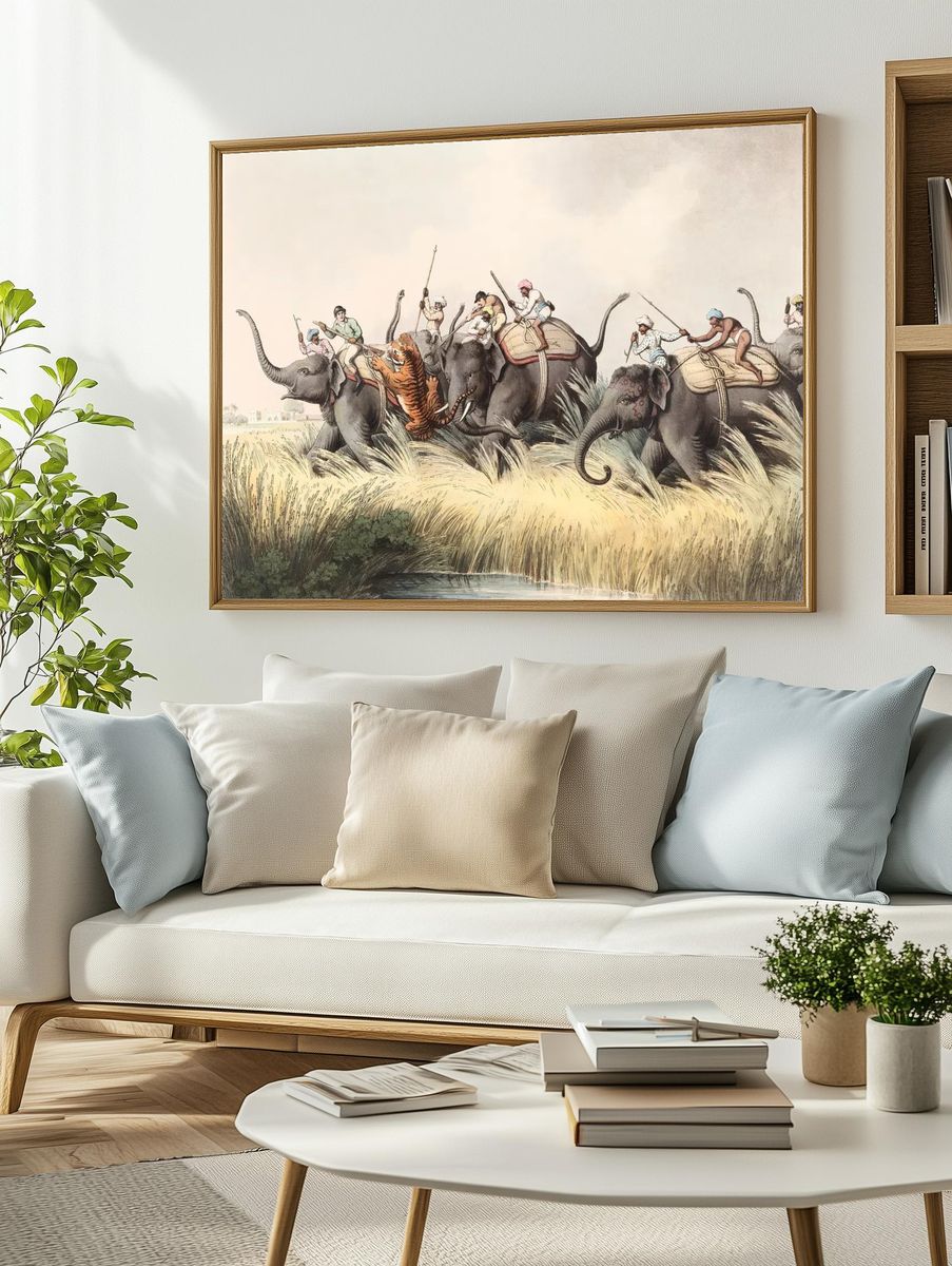 Elephant Hunt Vintage Illustration Poster. — room view 2