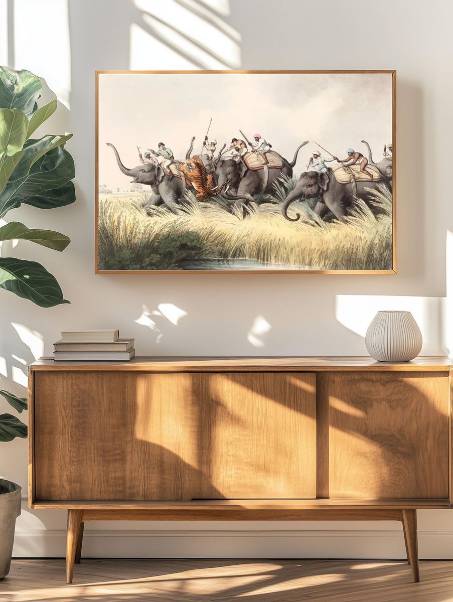 Elephant Hunt Vintage Illustration Poster. — room view 3
