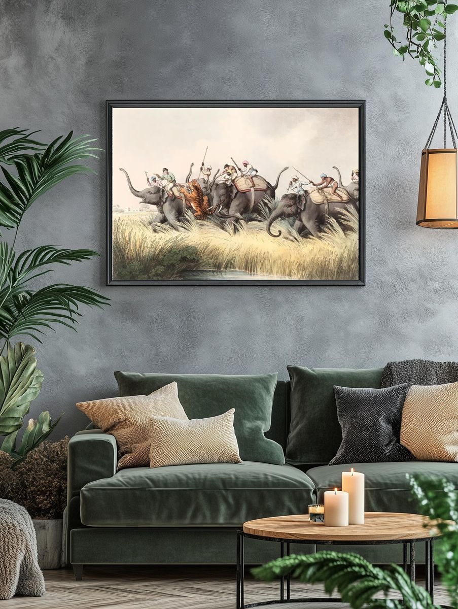 Elephant Hunt Vintage Illustration Poster. — room view 4