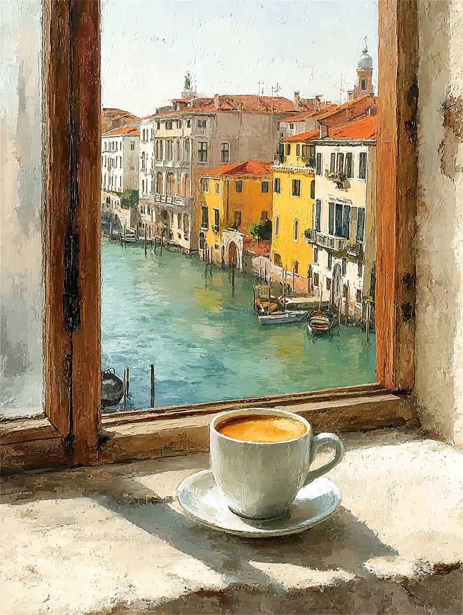 Venetian Window with Coffee — Fine Art Print. poster detail