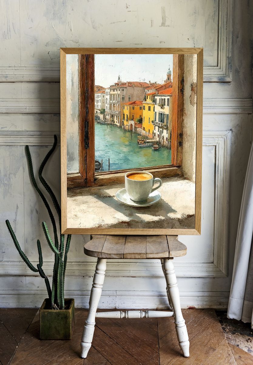 Venetian Window with Coffee — Fine Art Print. — room view 1
