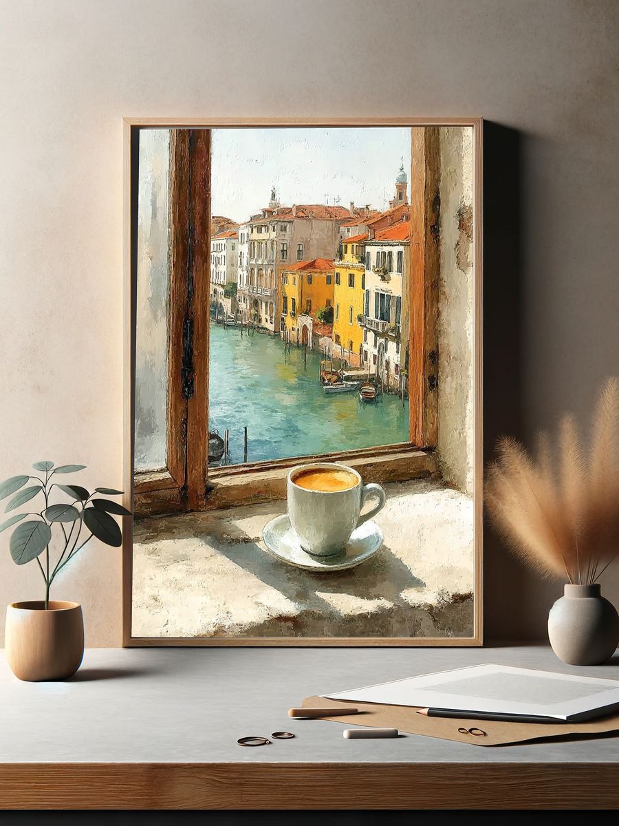 Venetian Window with Coffee — Fine Art Print. — room view 2