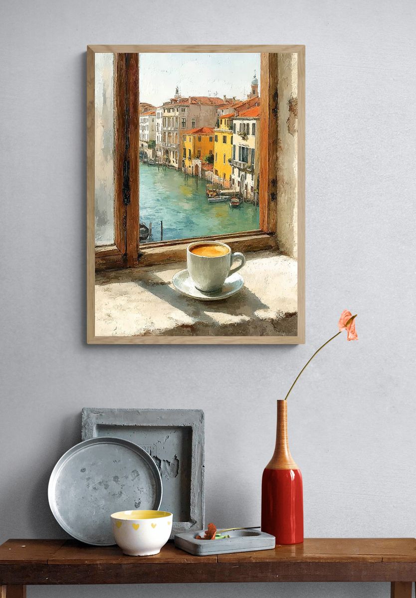 Venetian Window with Coffee — Fine Art Print. — room view 3