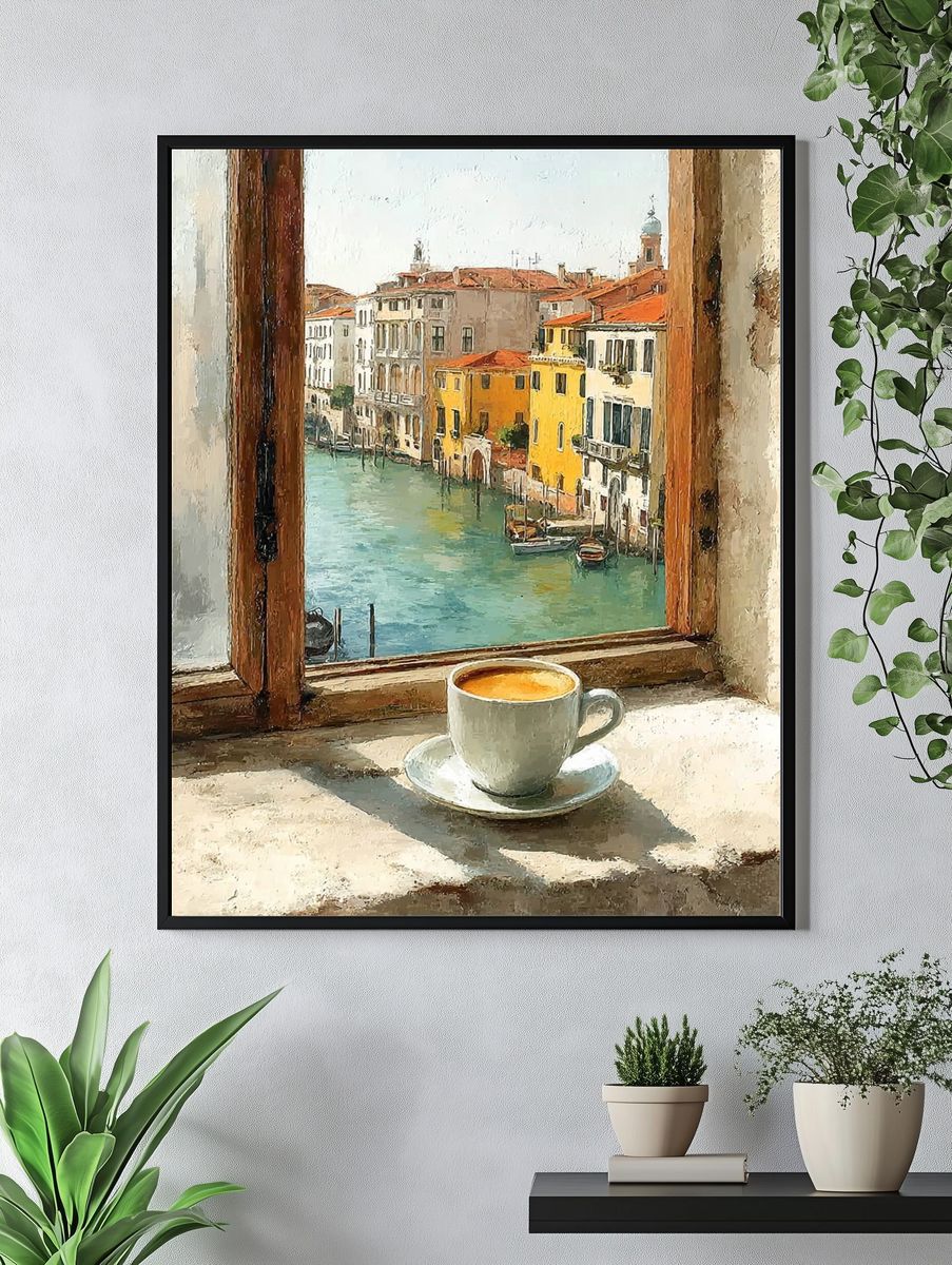 Venetian Window with Coffee — Fine Art Print. — room view 4