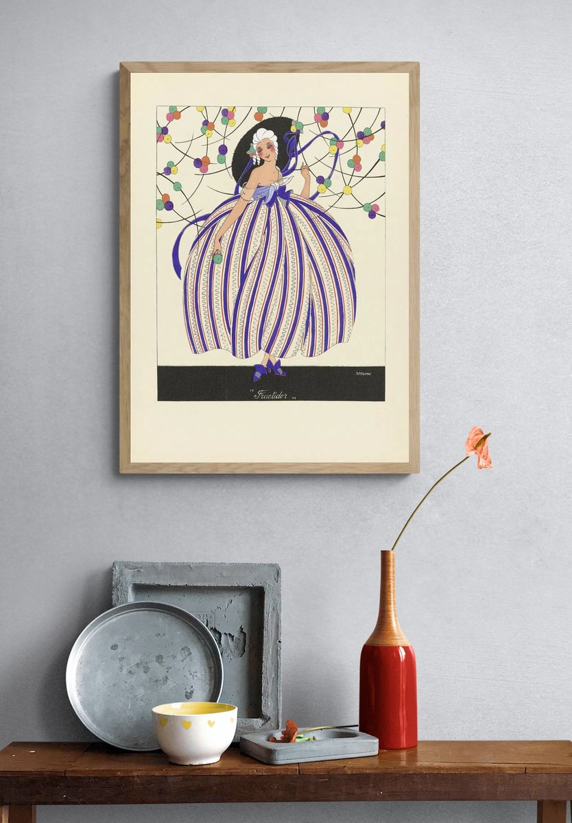 Elegant Lady in Striped Dress — Vintage Print. — room view 3