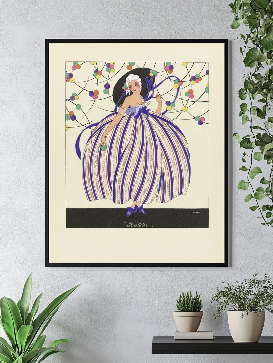 Elegant Lady in Striped Dress — Vintage Print. — room view 4