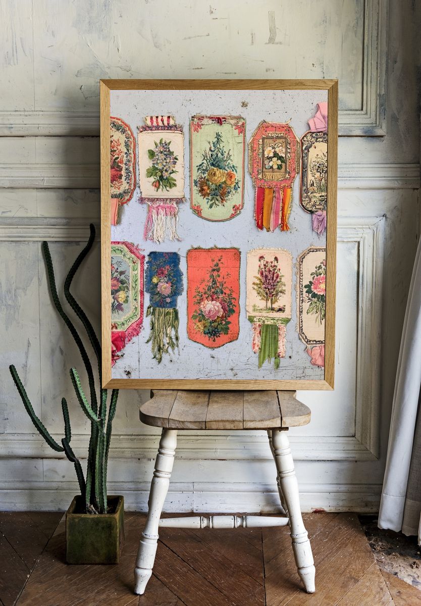 Vintage Floral Textile Tags Poster. room preview