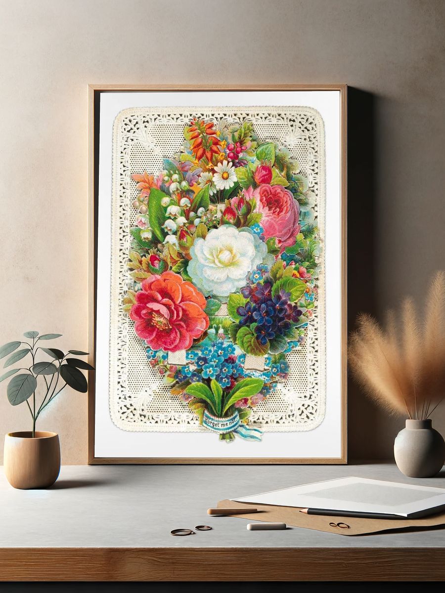 Vintage Floral Bouquet Collage Poster. — room view 2