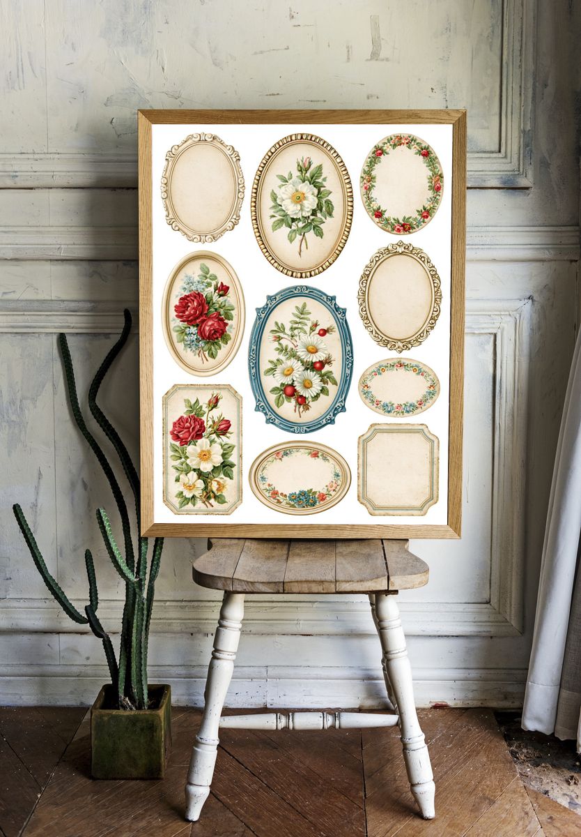 Vintage Floral Label Collage Poster. — room view 1