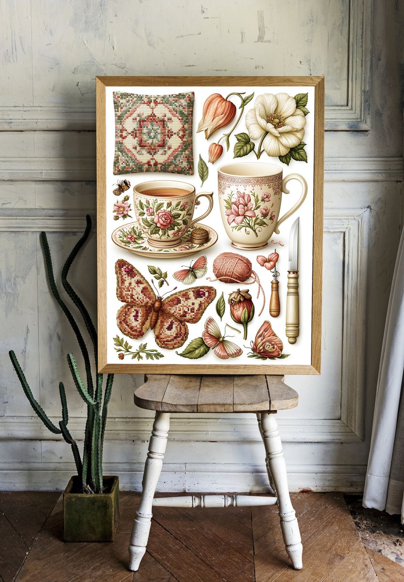 Vintage Floral Tea Still Life Poster. — room view 1