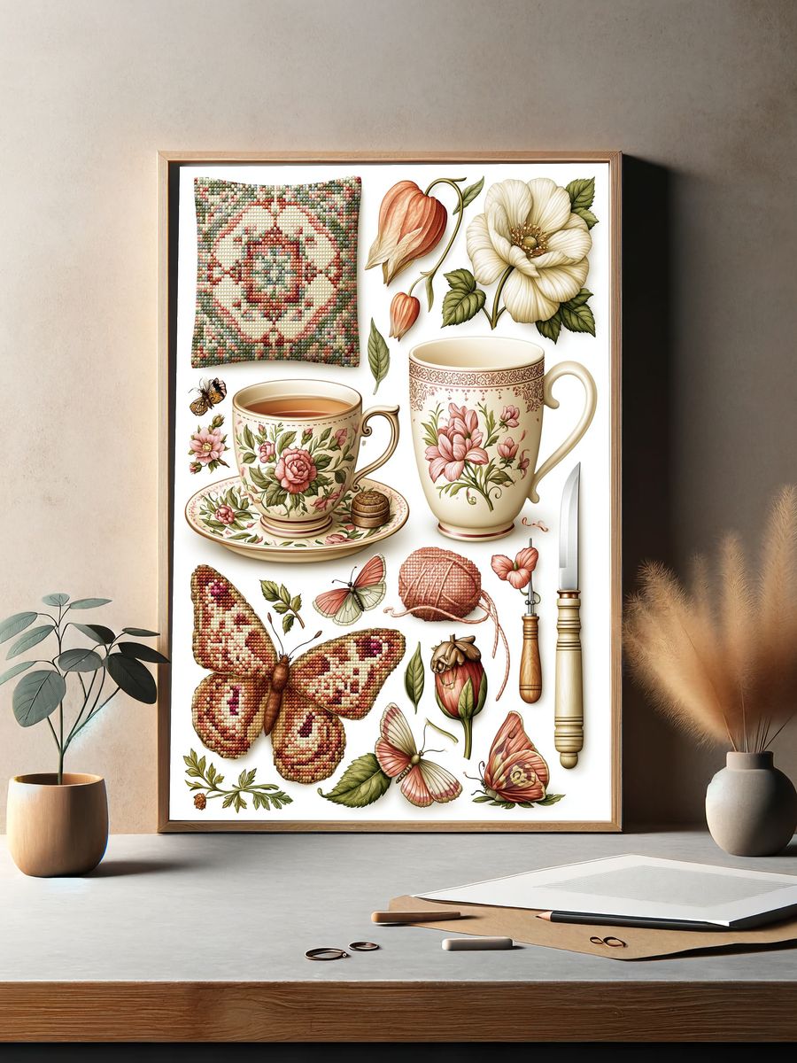Vintage Floral Tea Still Life Poster. — room view 2
