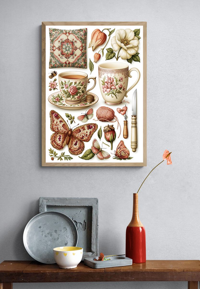 Vintage Floral Tea Still Life Poster. — room view 3