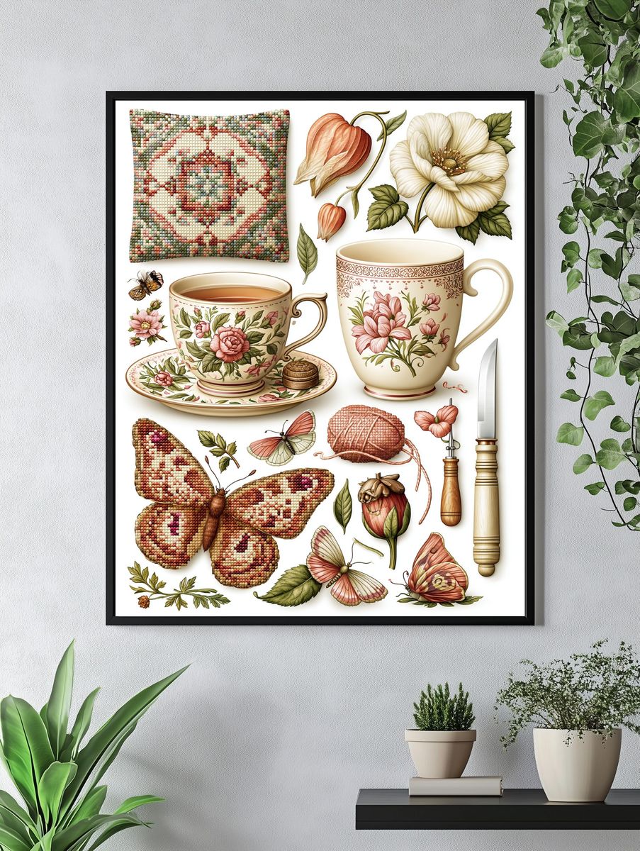 Vintage Floral Tea Still Life Poster. — room view 4