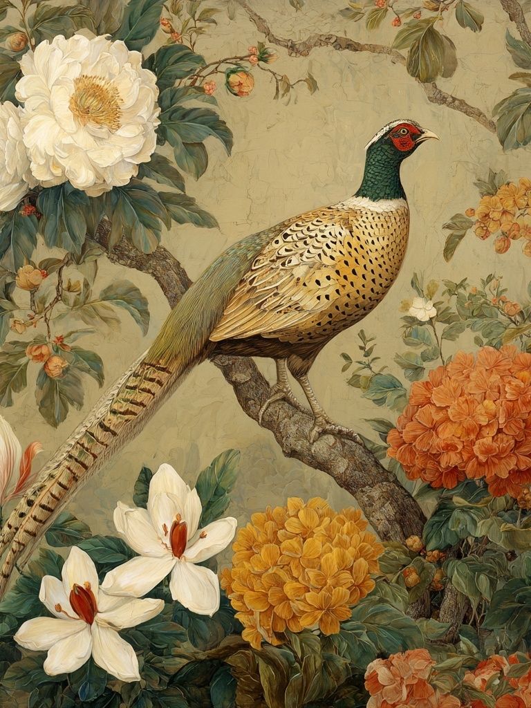 Pheasant and Flowers — Vintage Print. poster — vintage art