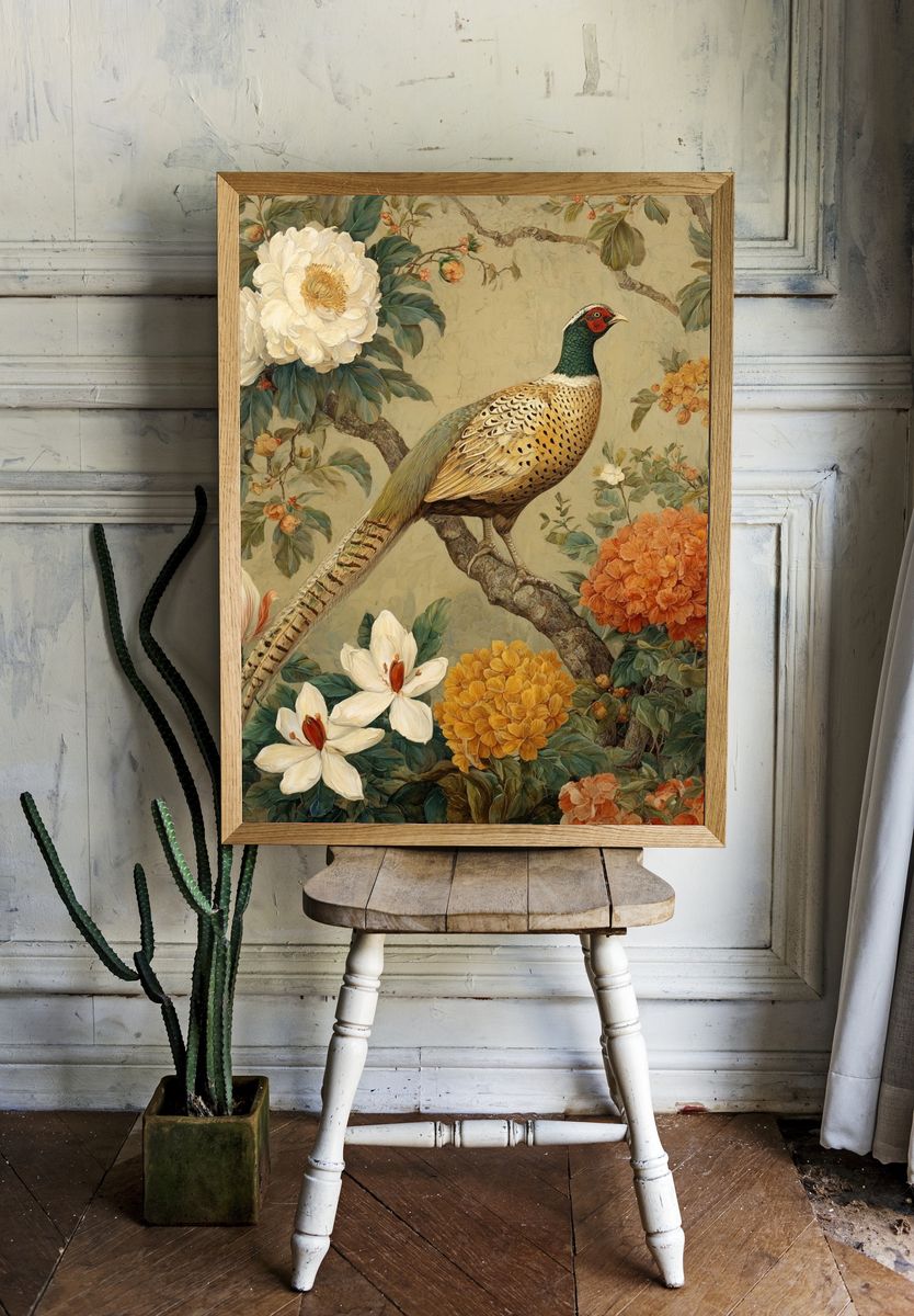 Pheasant and Flowers — Vintage Print room preview