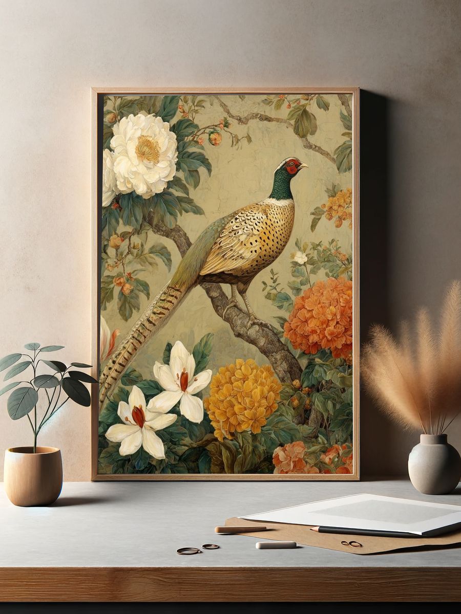 Pheasant and Flowers — Vintage Print. — room view 2