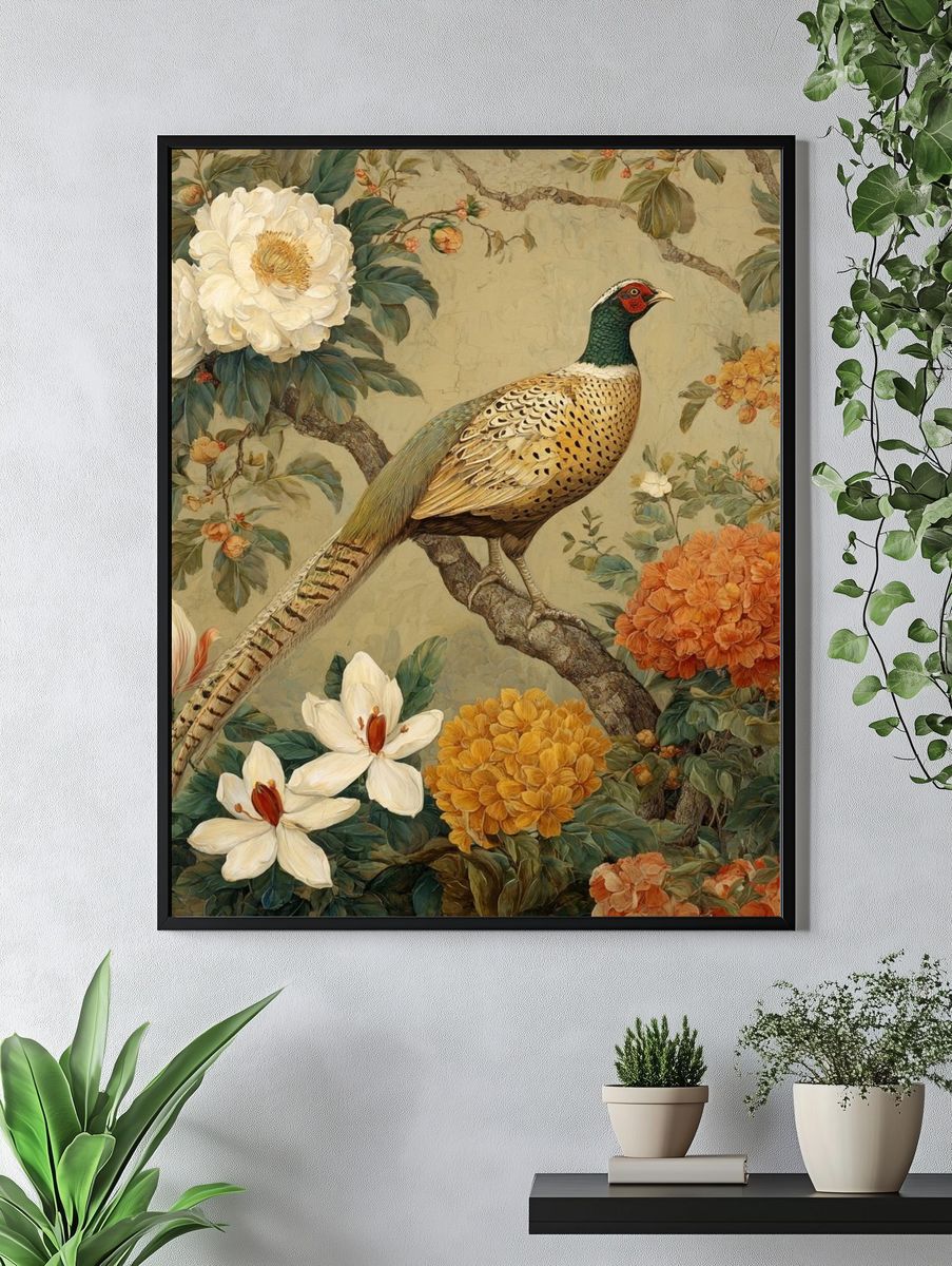 Pheasant and Flowers — Vintage Print. — room view 4