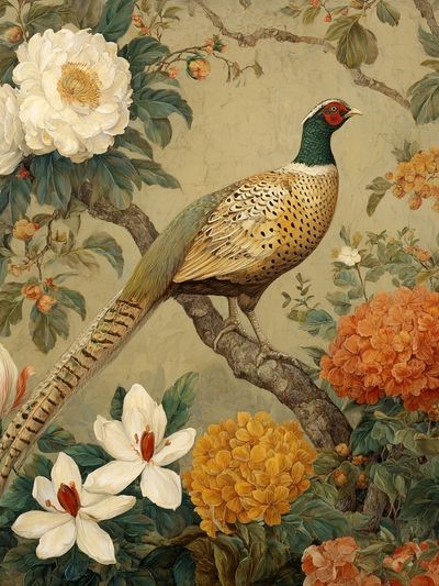 Pheasant and Flowers — Vintage Print. poster