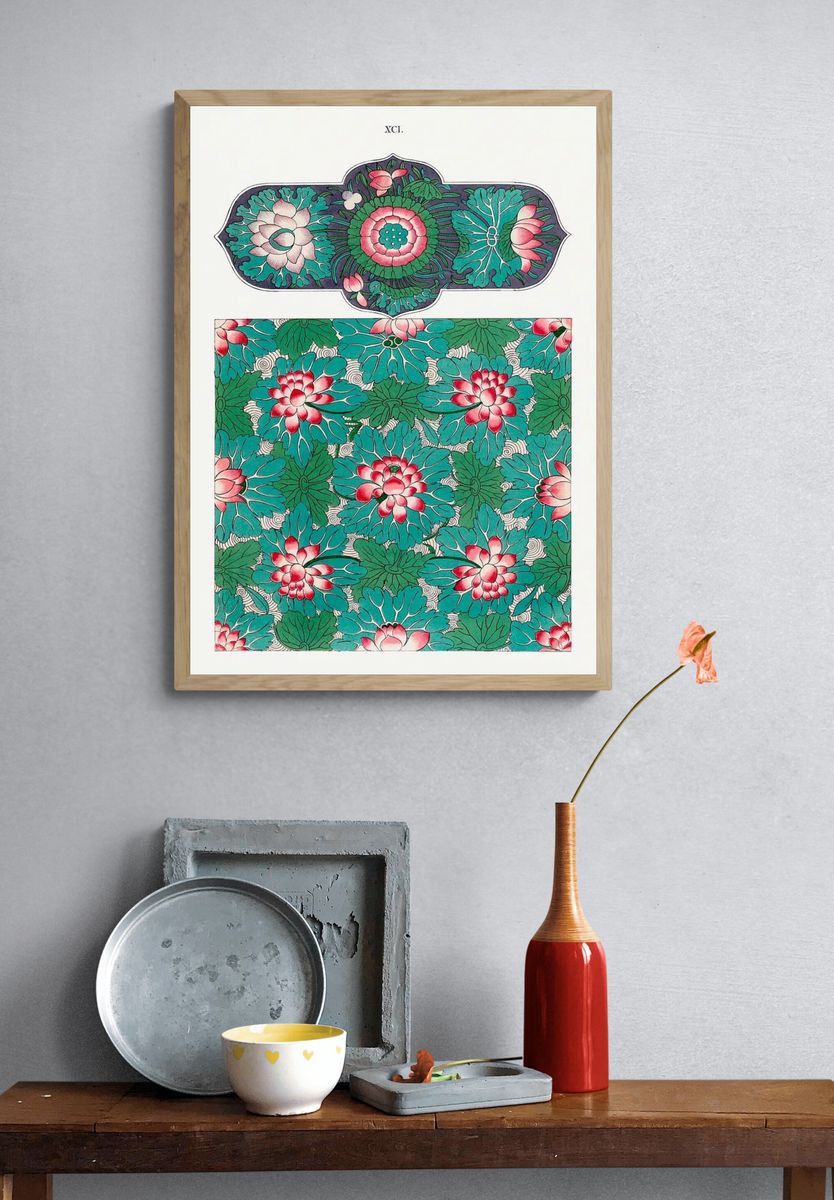 Lotus Floral Pattern — Vintage Print. — room view 3