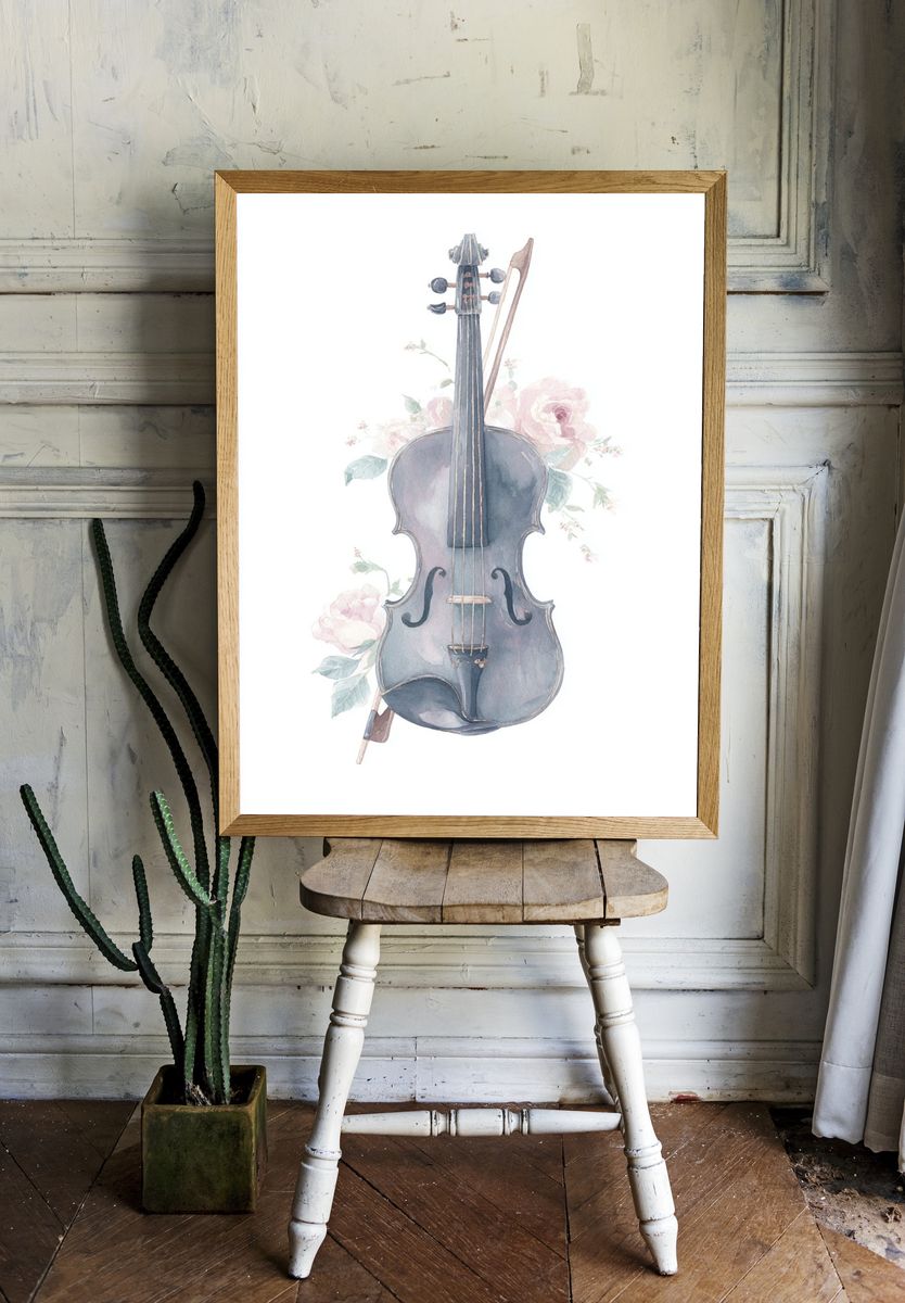 Violin with Floral Accents — Watercolor Print. — room view 1