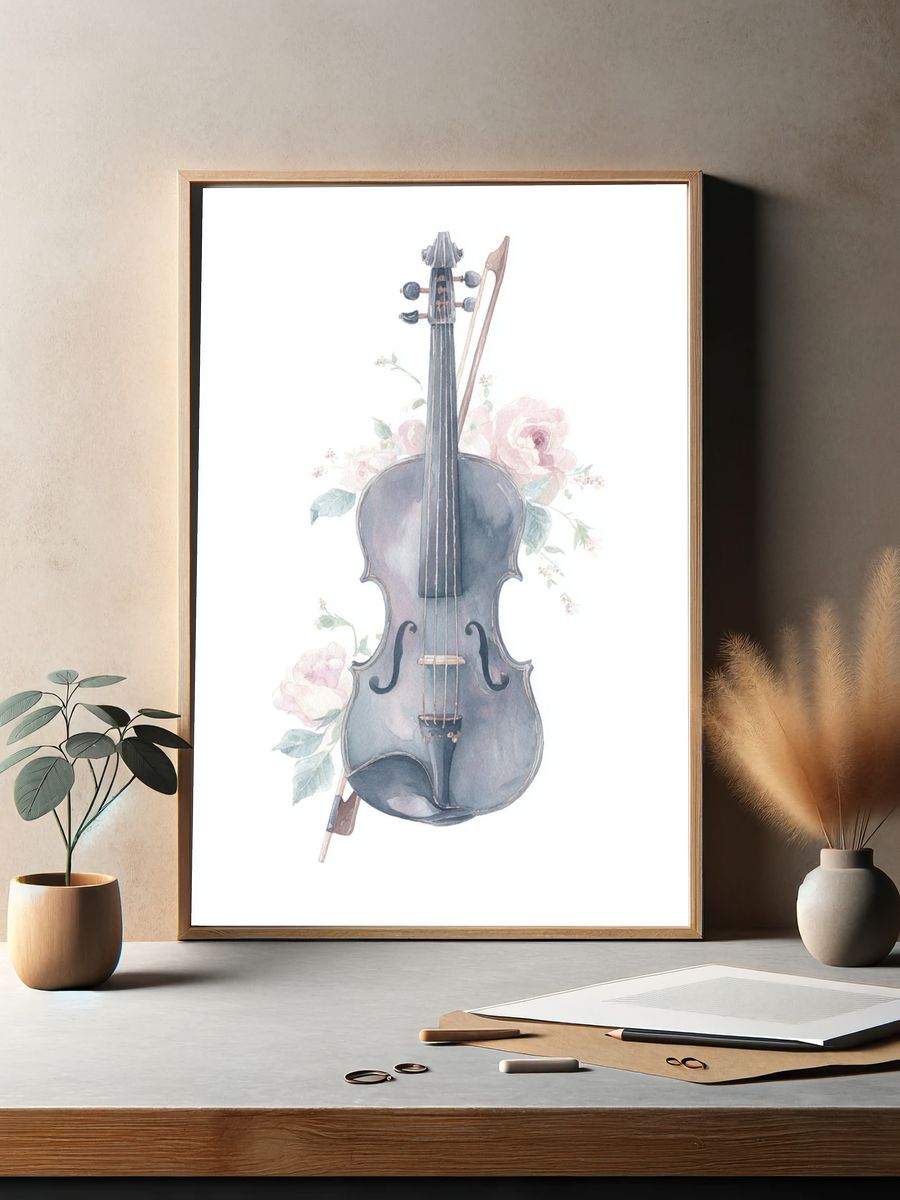 Violin with Floral Accents — Watercolor Print. — room view 2