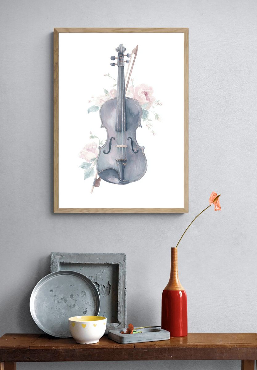 Violin with Floral Accents — Watercolor Print. — room view 3