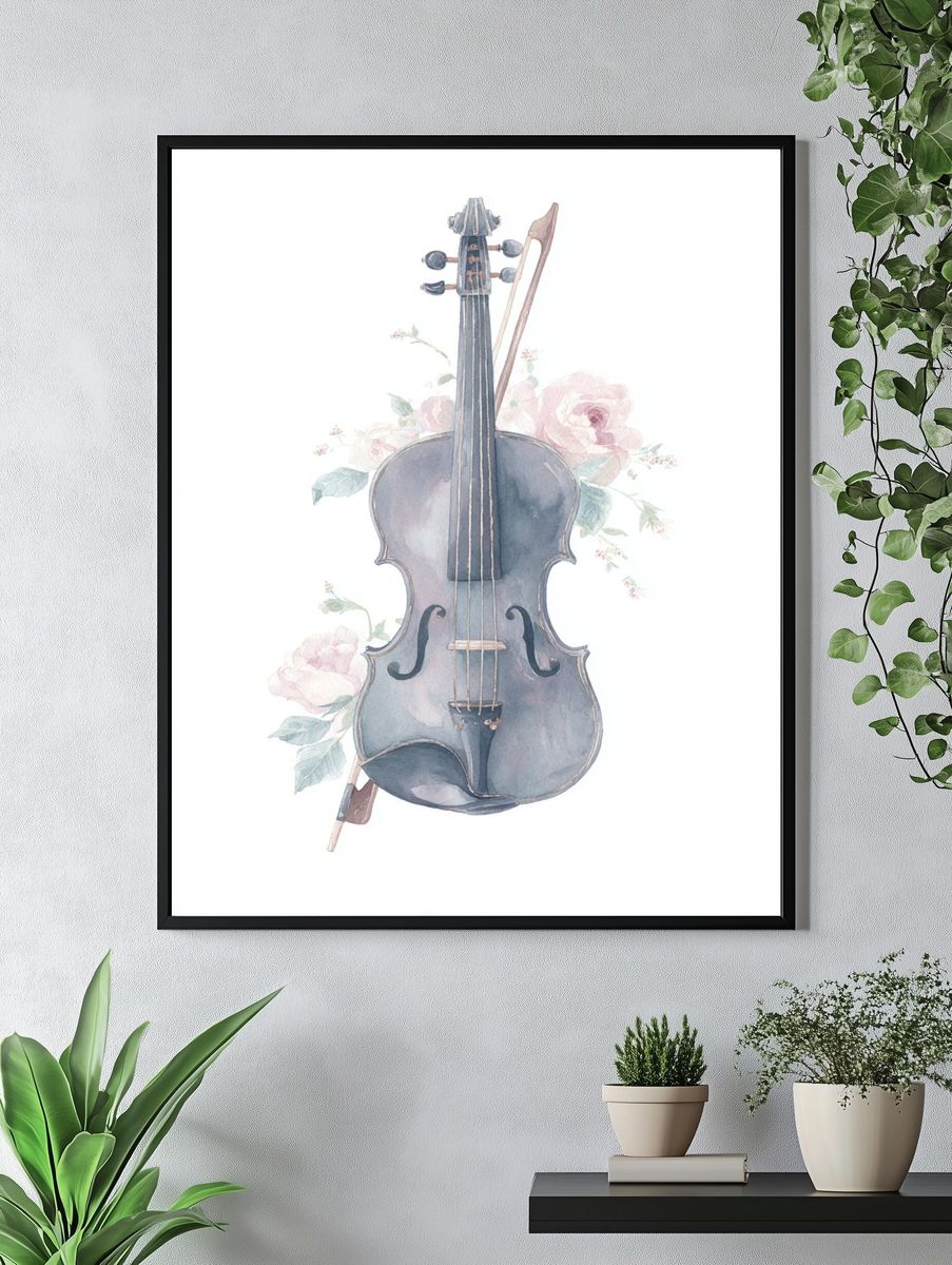 Violin with Floral Accents — Watercolor Print. — room view 4