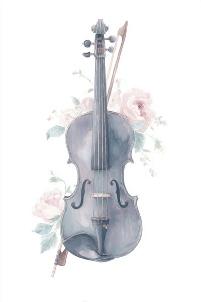 Violin with Floral Accents — Watercolor Print. poster print