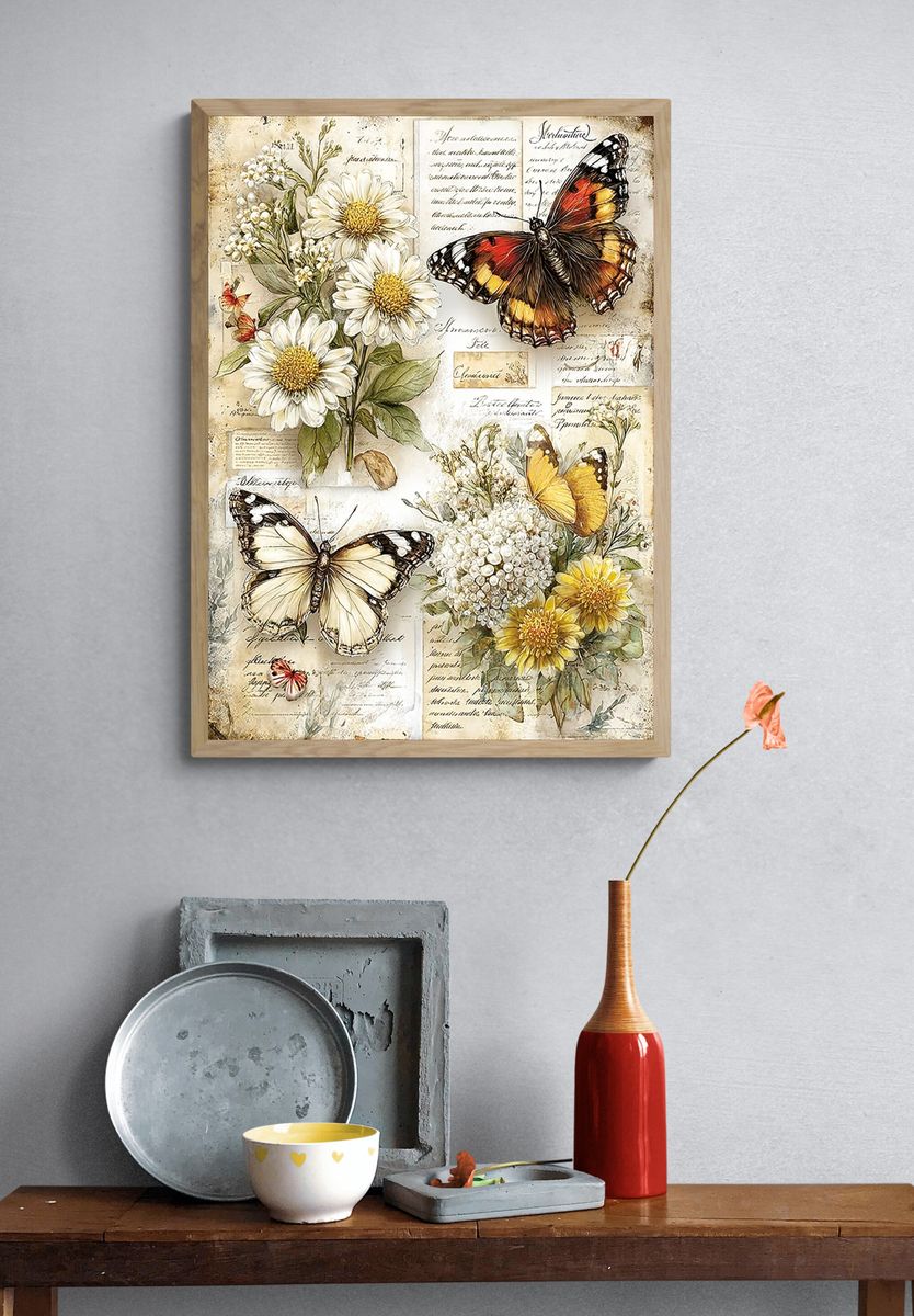 Butterflies and Flowers — Vintage Print. — room view 3
