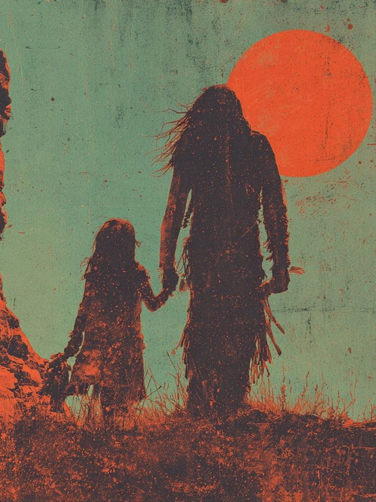 Silhouette of Family at Sunset — Vintage Print. poster detail