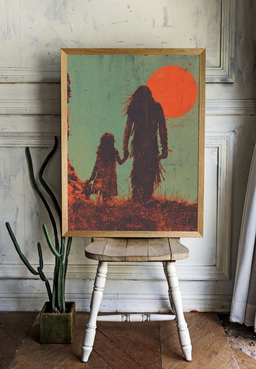 Silhouette of Family at Sunset — Vintage Print room preview