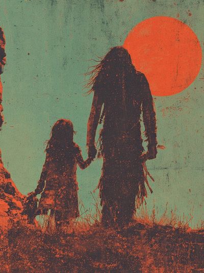 Silhouette of Family at Sunset — Vintage Print