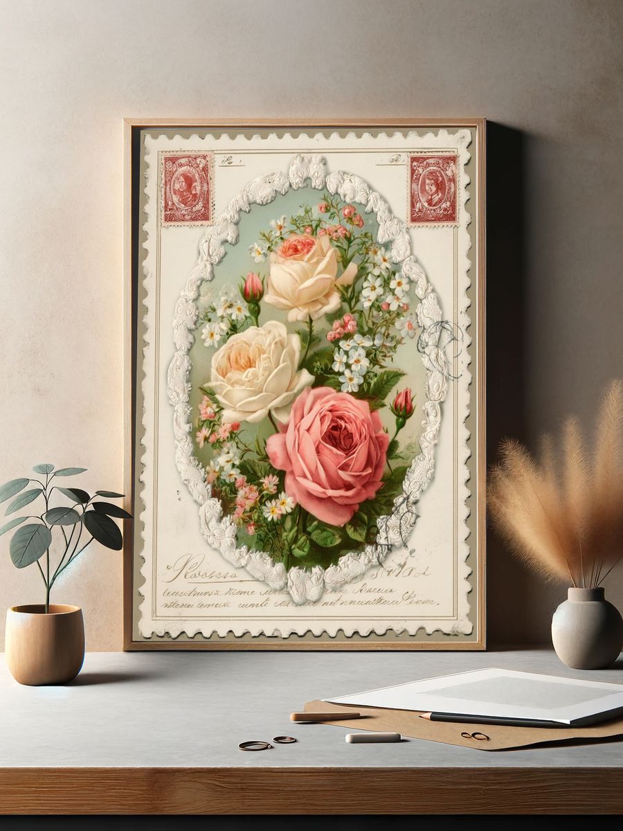 Vintage Floral Roses Poster. — room view 2