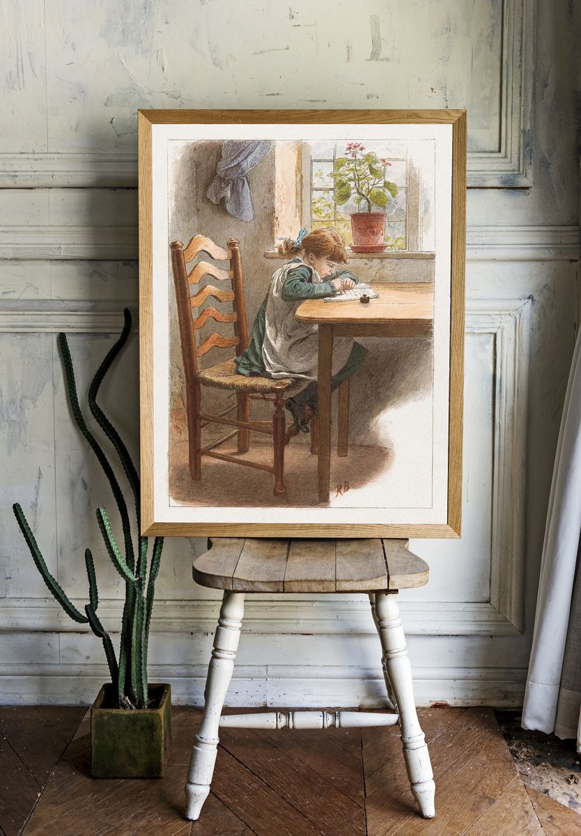 Young Girl Writing — Vintage Print. — room view 1