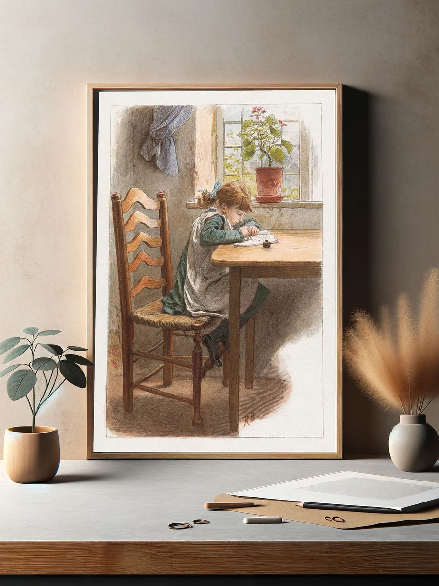 Young Girl Writing — Vintage Print. — room view 2