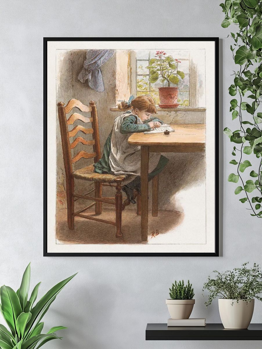 Young Girl Writing — Vintage Print. — room view 4