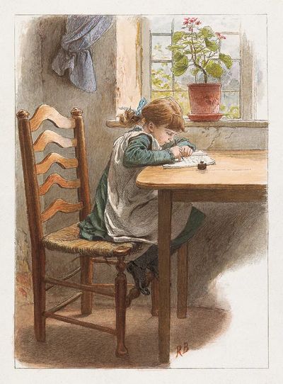 Young Girl Writing — Vintage Print