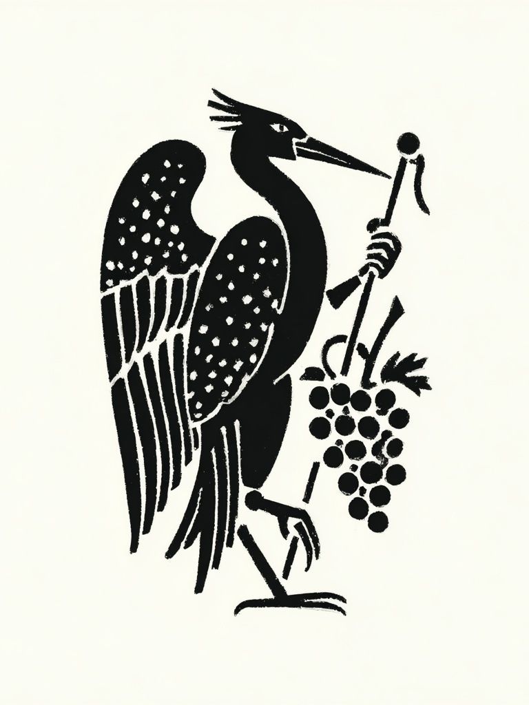 Heron with Grapes — Vintage Print. poster detail