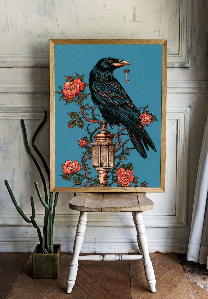 Raven and Roses Vintage Print. room preview