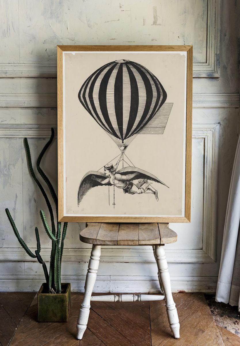 Flying Man with Hot Air Balloon — Vintage Print room preview