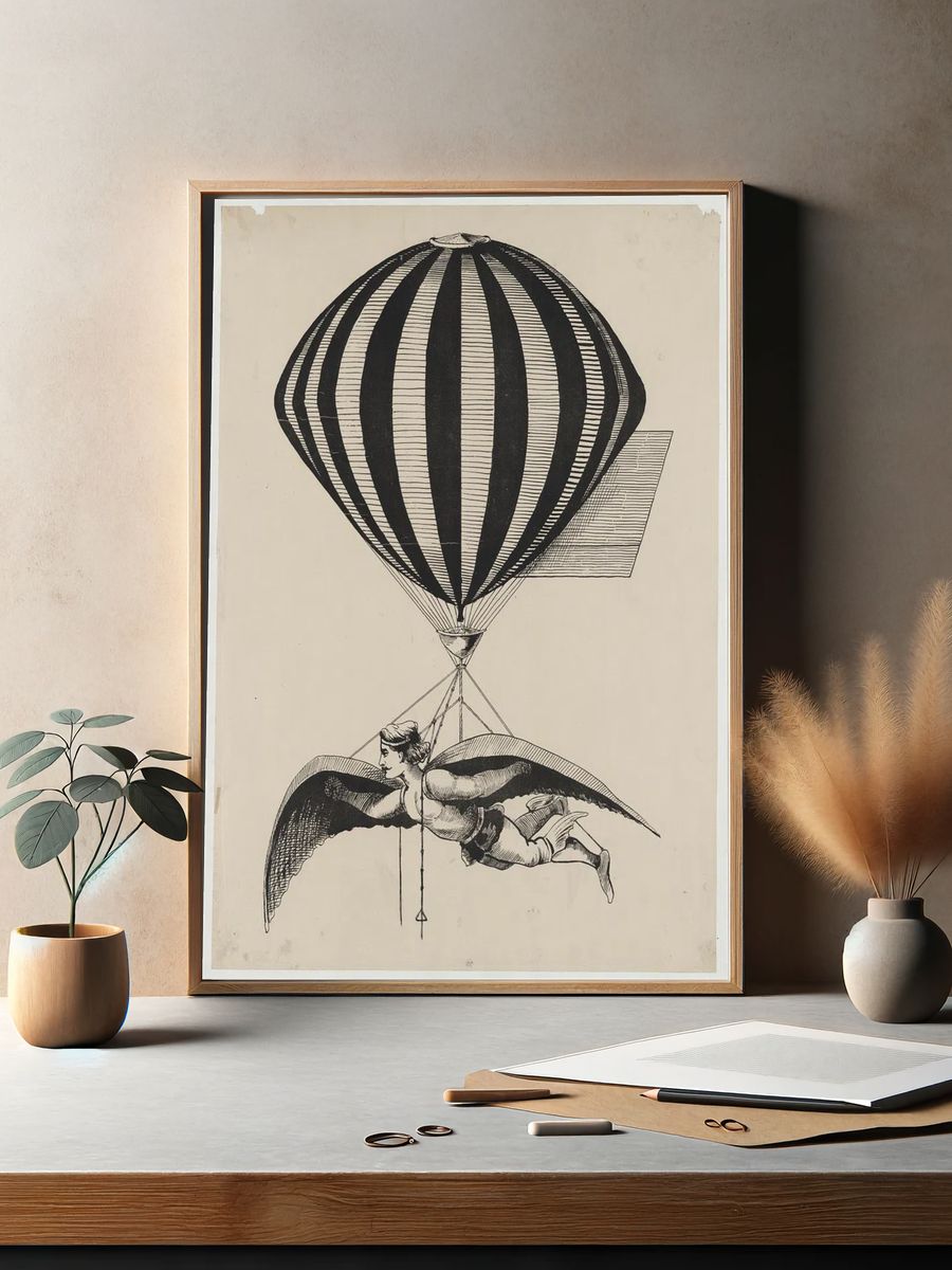 Flying Man with Hot Air Balloon — Vintage Print. — room view 2