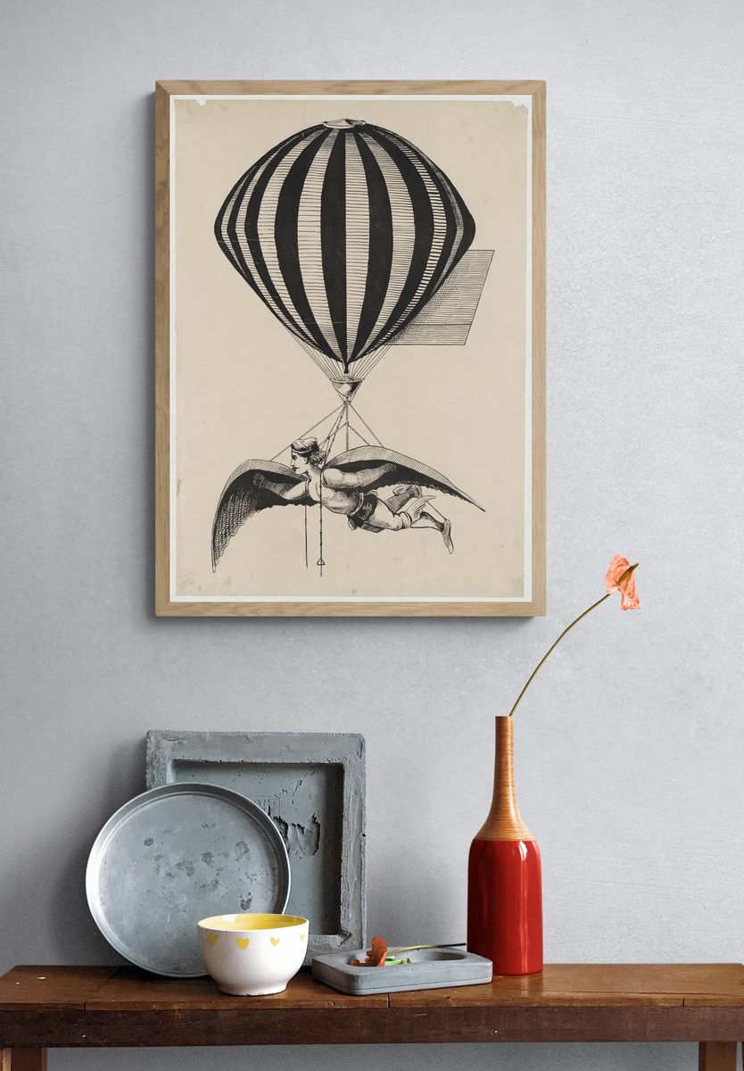Flying Man with Hot Air Balloon — Vintage Print. — room view 3