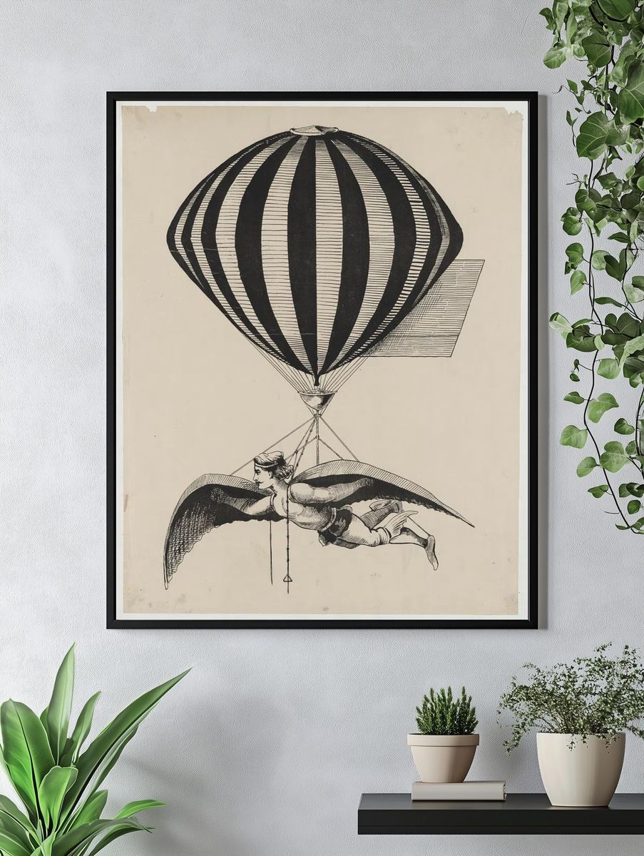 Flying Man with Hot Air Balloon — Vintage Print. — room view 4