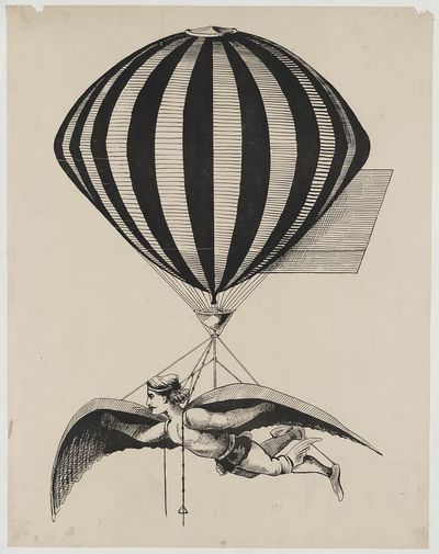 Flying Man with Hot Air Balloon — Vintage Print