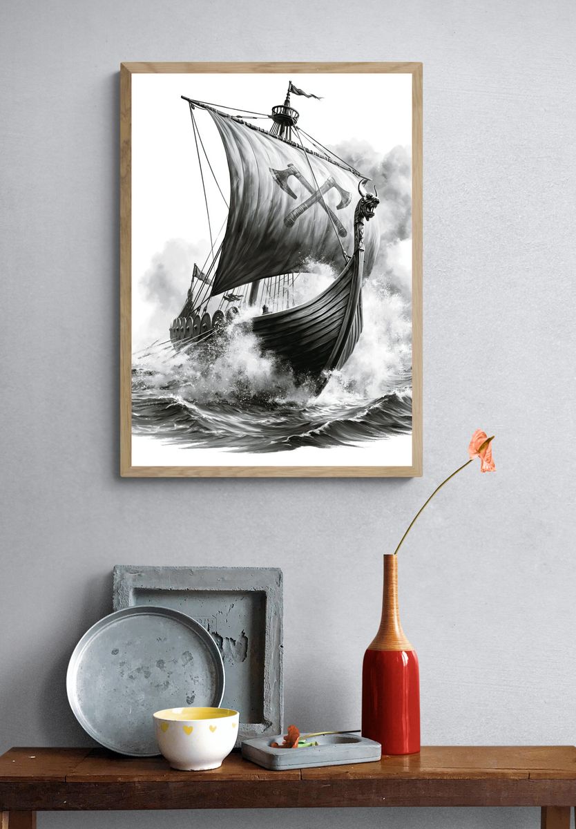 Viking Longship Black-White Print. — room view 3