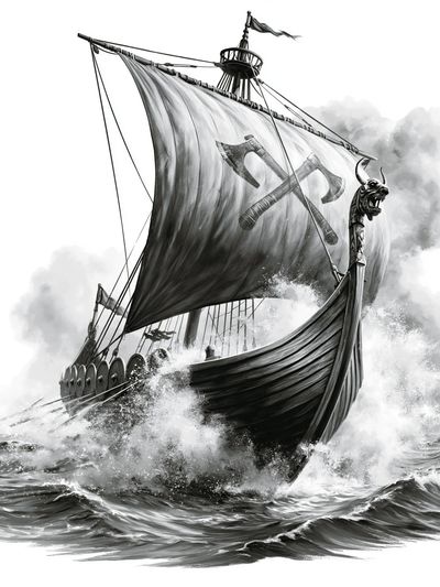 Viking Longship Black-White Print.