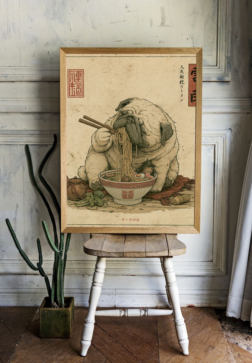 Pug Ramen Vintage Illustration Poster. room preview