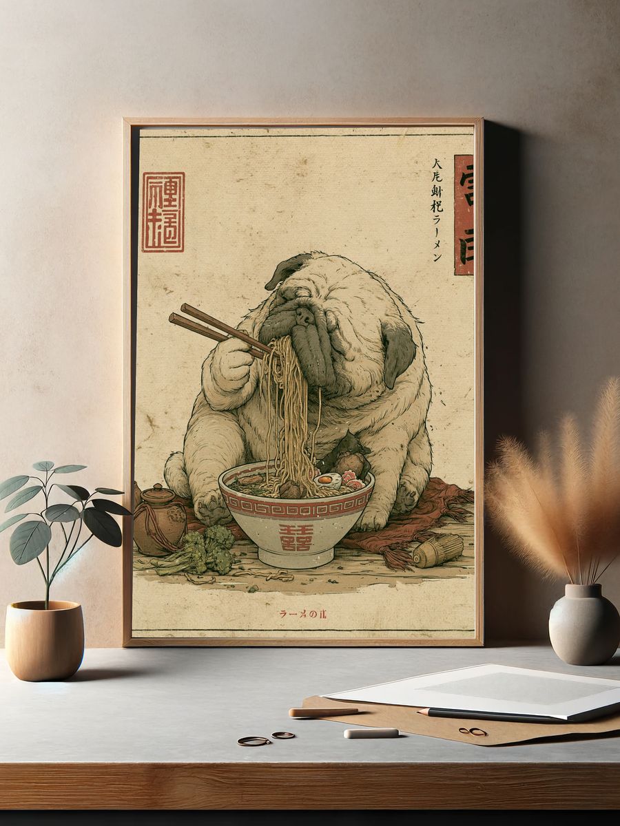Pug Ramen Vintage Illustration Poster. — room view 2